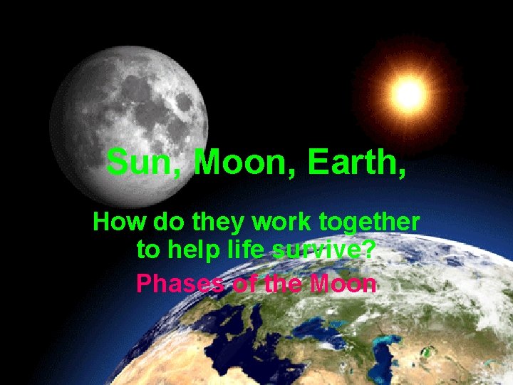 Sun, Moon, Earth, How do they work together to help life survive? Phases of