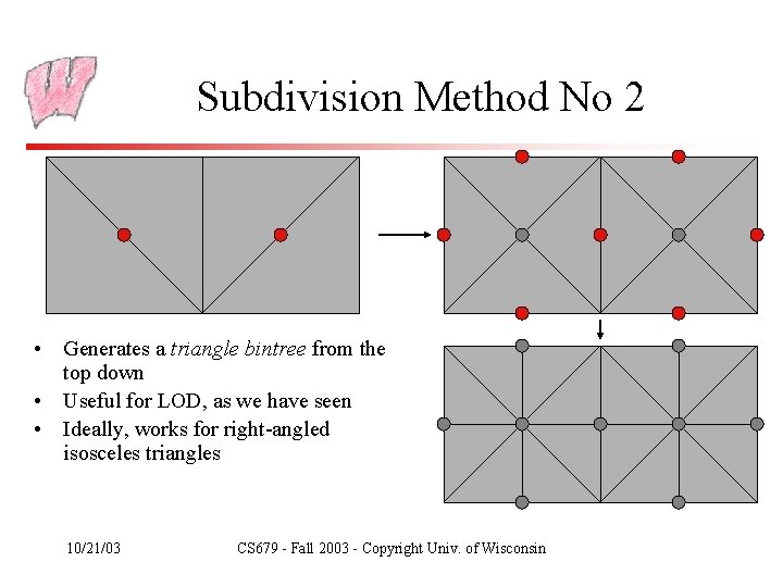 Subdivision Method No 2 • Generates a triangle bintree from the top down •