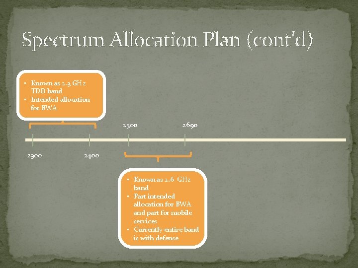 Spectrum Allocation Plan (cont’d) • Known as 2. 3 GHz TDD band • Intended