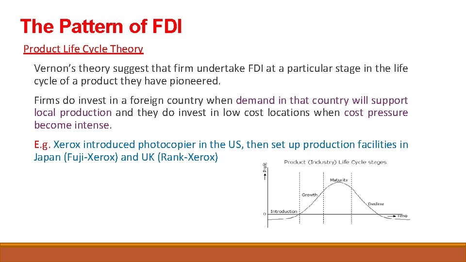 The Pattern of FDI Product Life Cycle Theory Vernon’s theory suggest that firm undertake