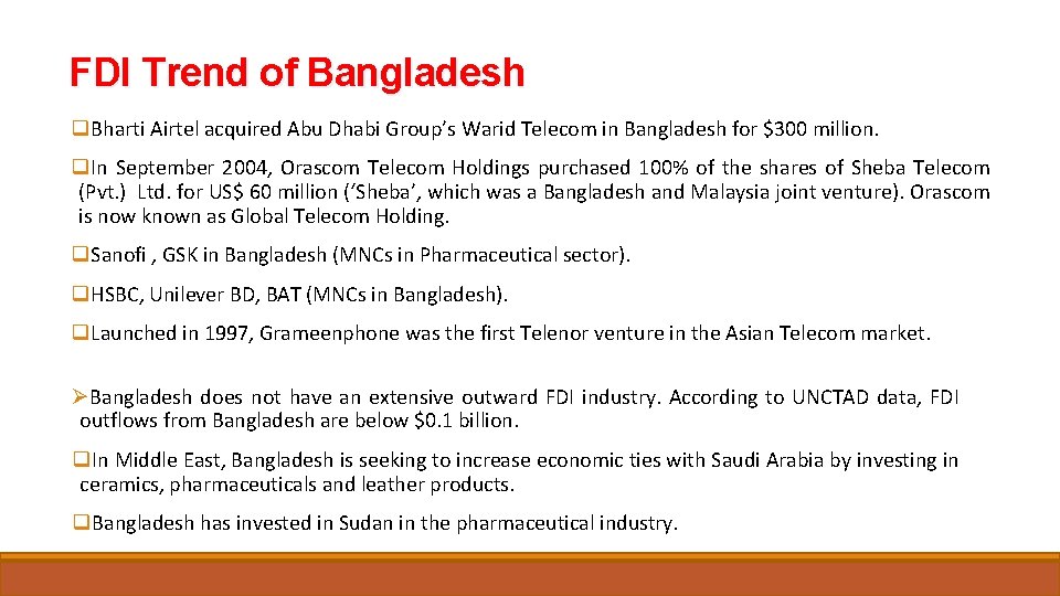 FDI Trend of Bangladesh q. Bharti Airtel acquired Abu Dhabi Group’s Warid Telecom in