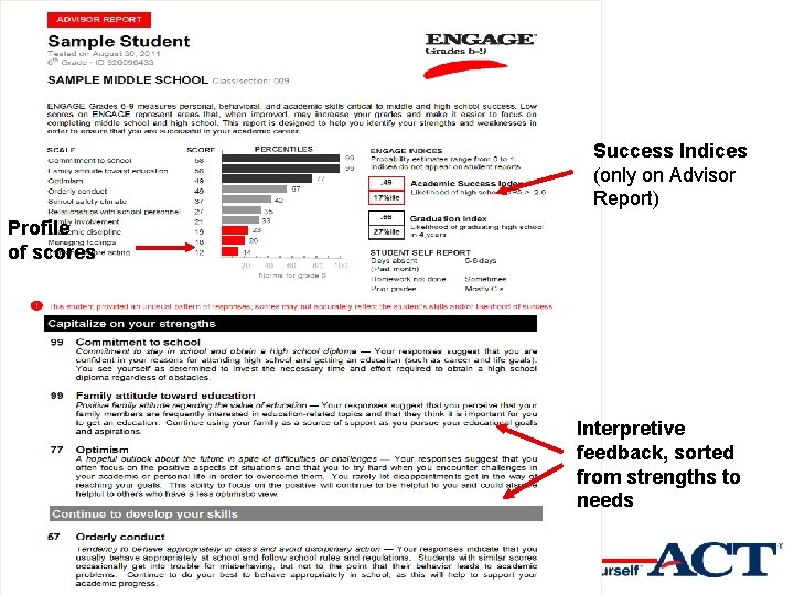 Success Indices (only on Advisor Report) Profile of scores Interpretive feedback, sorted from strengths