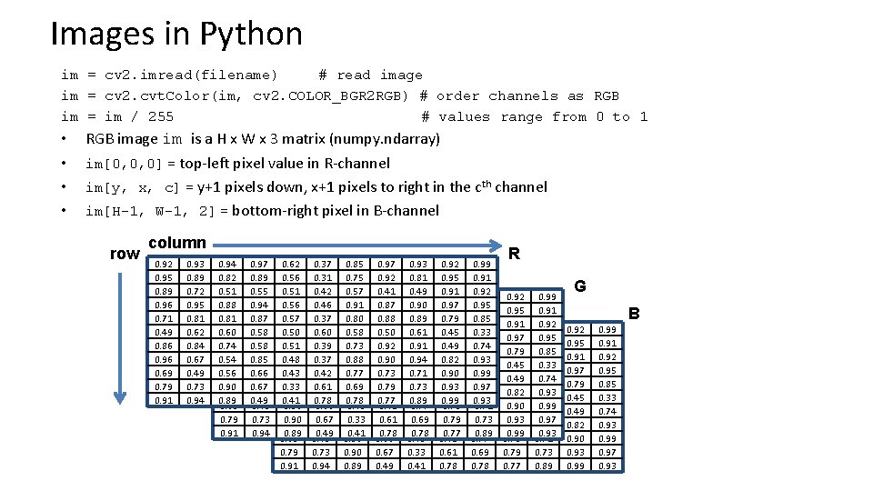 Images in Python im = cv 2. imread(filename) # read image im = cv