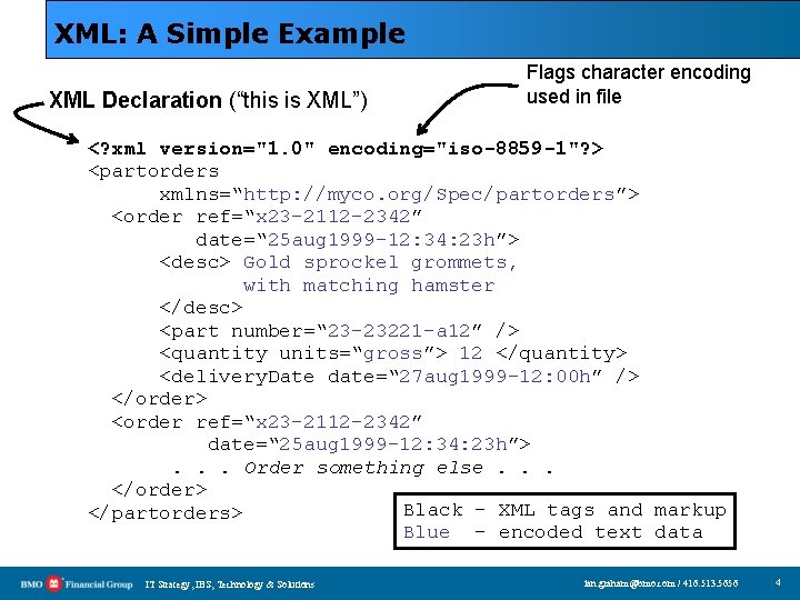 XML: A Simple Example XML Declaration (“this is XML”) Flags character encoding used in