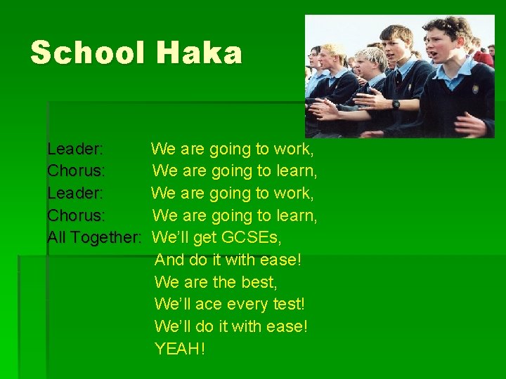 School Haka Leader: Chorus: All Together: We are going to work, We are going