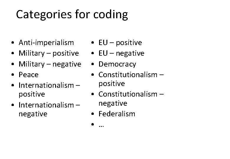 Categories for coding • • • Anti-imperialism Military – positive Military – negative Peace