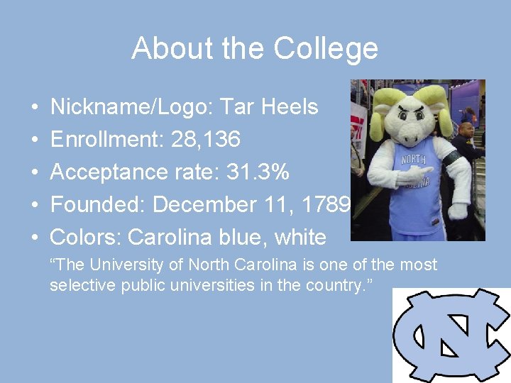 About the College • • • Nickname/Logo: Tar Heels Enrollment: 28, 136 Acceptance rate: