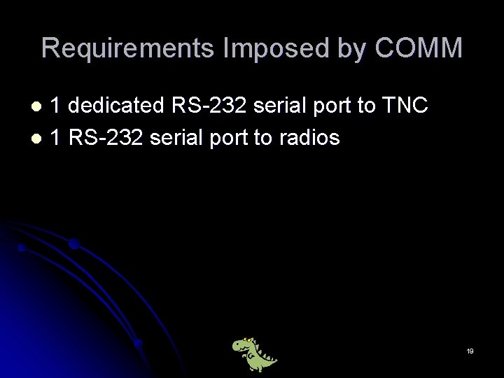 Requirements Imposed by COMM 1 dedicated RS-232 serial port to TNC l 1 RS-232