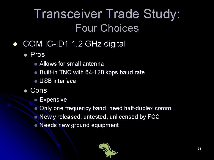Transceiver Trade Study: Four Choices l ICOM IC-ID 1 1. 2 GHz digital l