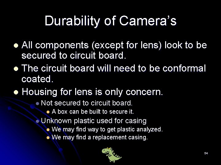 Durability of Camera’s All components (except for lens) look to be secured to circuit