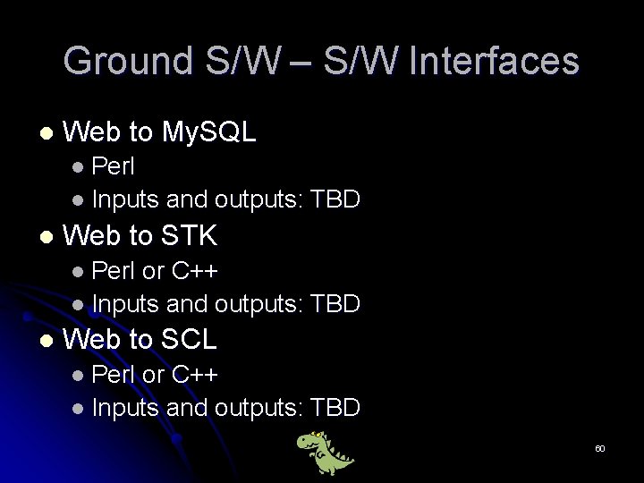 Ground S/W – S/W Interfaces l Web to My. SQL l Perl l Inputs