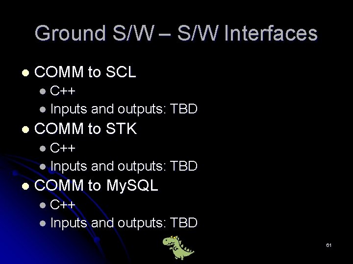 Ground S/W – S/W Interfaces l COMM to SCL l C++ l Inputs and