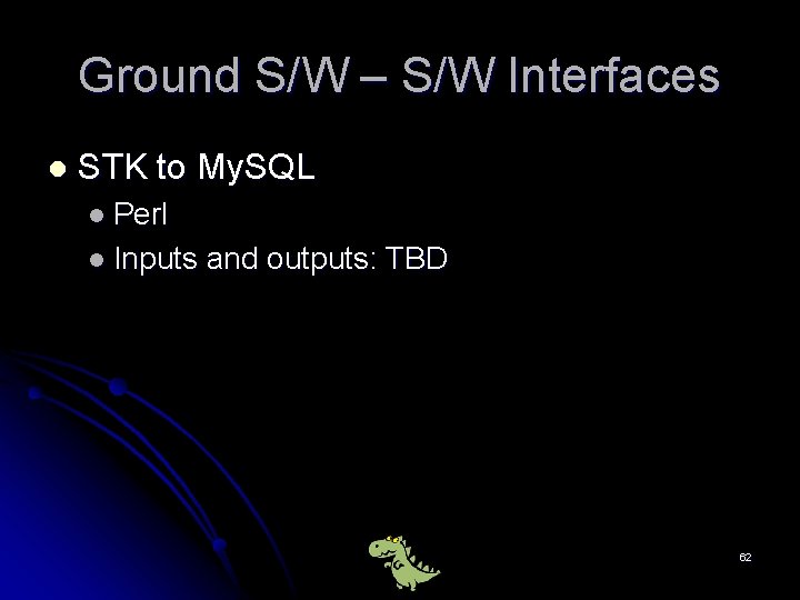 Ground S/W – S/W Interfaces l STK to My. SQL l Perl l Inputs