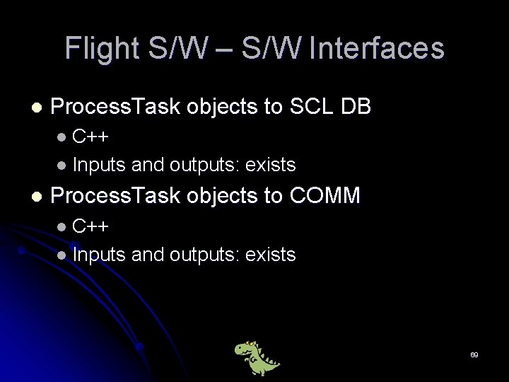 Flight S/W – S/W Interfaces l Process. Task objects to SCL DB l C++