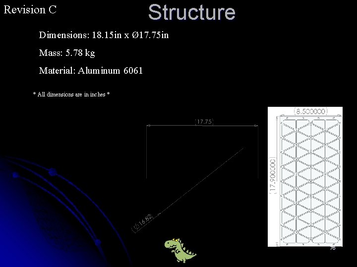 Revision C Structure Dimensions: 18. 15 in x Ø 17. 75 in Mass: 5.