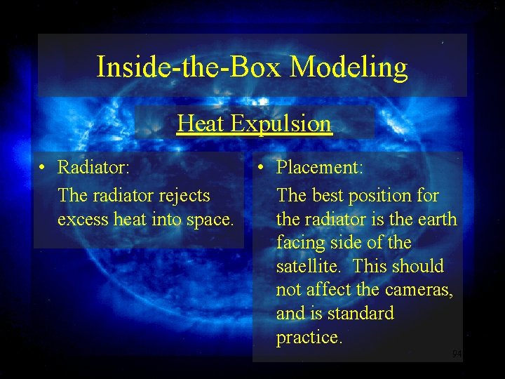 Inside-the-Box Modeling Heat Expulsion • Radiator: The radiator rejects excess heat into space. •