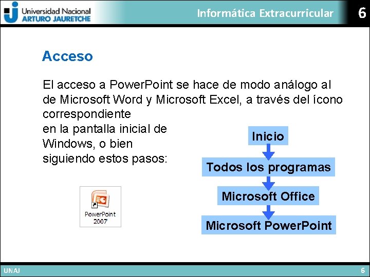 Informática Extracurricular 6 Acceso El acceso a Power. Point se hace de modo análogo