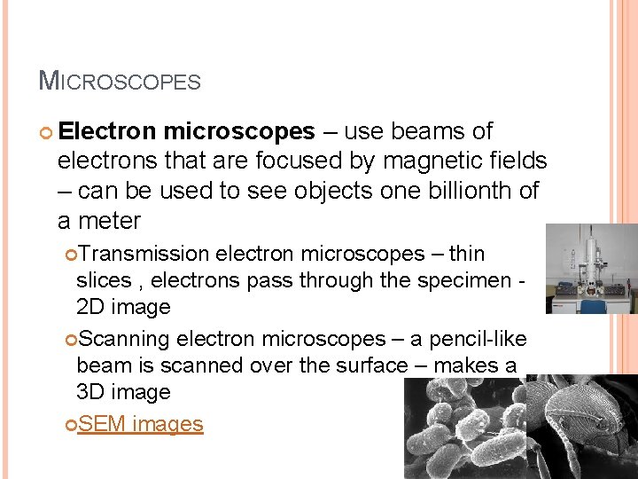 MICROSCOPES Electron microscopes – use beams of electrons that are focused by magnetic fields