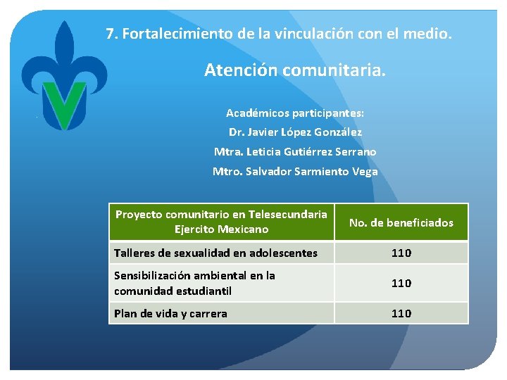 7. Fortalecimiento de la vinculación con el medio. Atención comunitaria. Académicos participantes: Dr. Javier