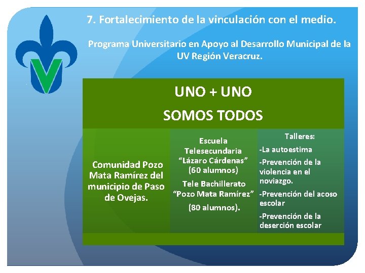 7. Fortalecimiento de la vinculación con el medio. Programa Universitario en Apoyo al Desarrollo