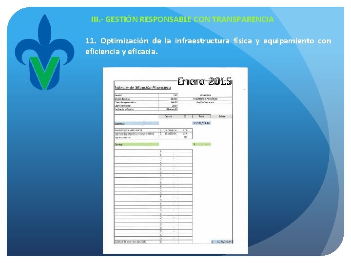 III. - GESTIÓN RESPONSABLE CON TRANSPARENCIA 11. Optimización de la infraestructura física y equipamiento