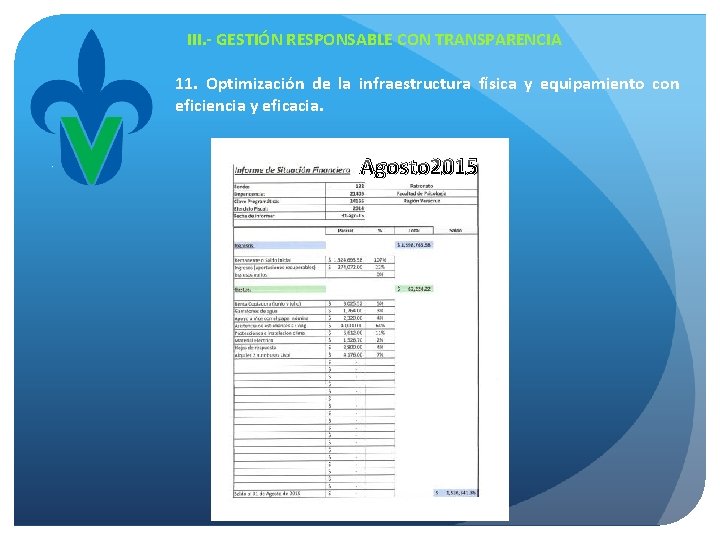 III. - GESTIÓN RESPONSABLE CON TRANSPARENCIA 11. Optimización de la infraestructura física y equipamiento