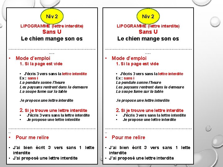 Niv 2 LIPOGRAMME (lettre interdite) Sans U Le chien mange son os --------------------------------------------------------------------------------- •