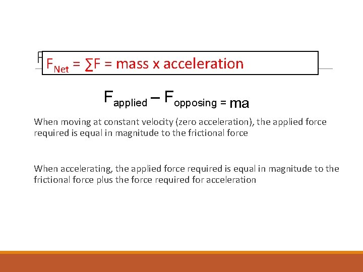 Friction in One Dimension F = ∑FProblems = mass x acceleration Net Fapplied –