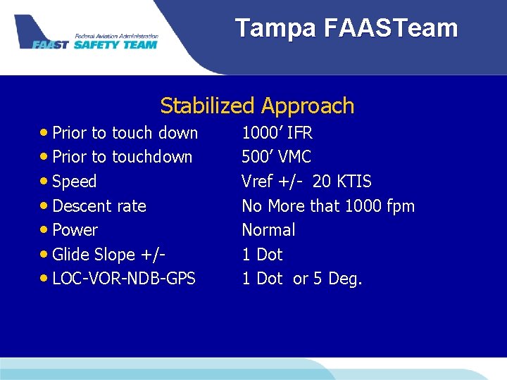 Tampa FAASTeam Stabilized Approach • Prior to touch down • Prior to touchdown •