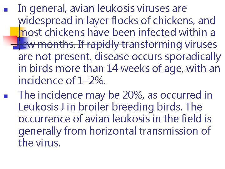 n n In general, avian leukosis viruses are widespread in layer flocks of chickens, n n In general, avian leukosis viruses are widespread in layer flocks of chickens,