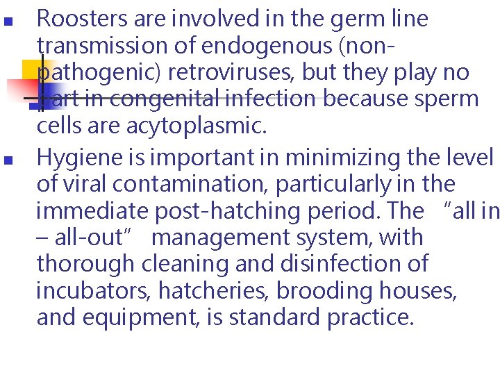 n n Roosters are involved in the germ line transmission of endogenous (nonpathogenic) retroviruses, n n Roosters are involved in the germ line transmission of endogenous (nonpathogenic) retroviruses,