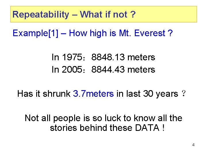Repeatability – What if not ? Example[1] – How high is Mt. Everest ?