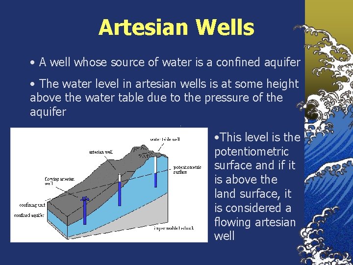 Artesian Wells • A well whose source of water is a confined aquifer •