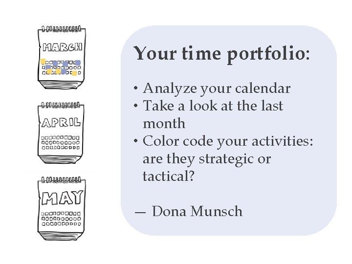 Your time portfolio: • Analyze your calendar • Take a look at the last