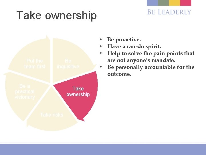 Take ownership Put the team first Be inquisitive Be a practical visionary Take ownership