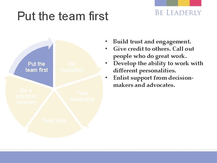 Put the team first Be inquisitive Be a practical visionary Take ownership Take risks