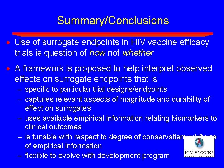 Summary/Conclusions · Use of surrogate endpoints in HIV vaccine efficacy trials is question of Summary/Conclusions · Use of surrogate endpoints in HIV vaccine efficacy trials is question of