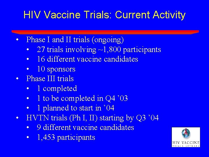 HIV Vaccine Trials: Current Activity • Phase I and II trials (ongoing) • 27 HIV Vaccine Trials: Current Activity • Phase I and II trials (ongoing) • 27