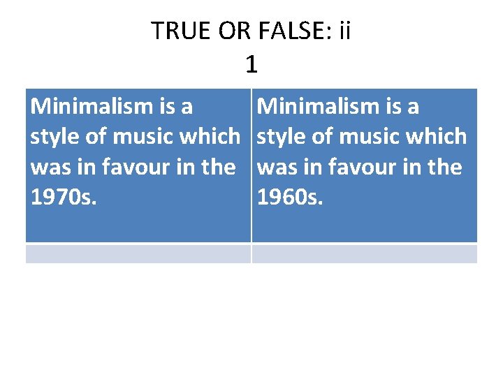 TRUE OR FALSE: ii 1 Minimalism is a style of music which was in