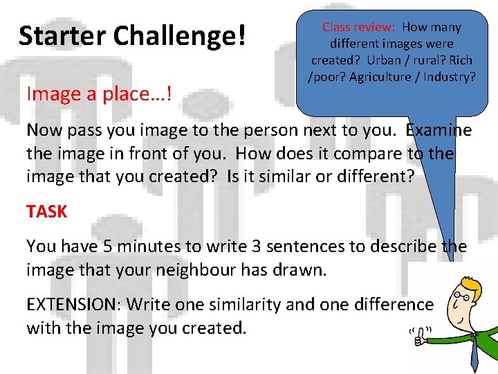 Starter Challenge! Image a place…! Class review: How many different images were created? Urban