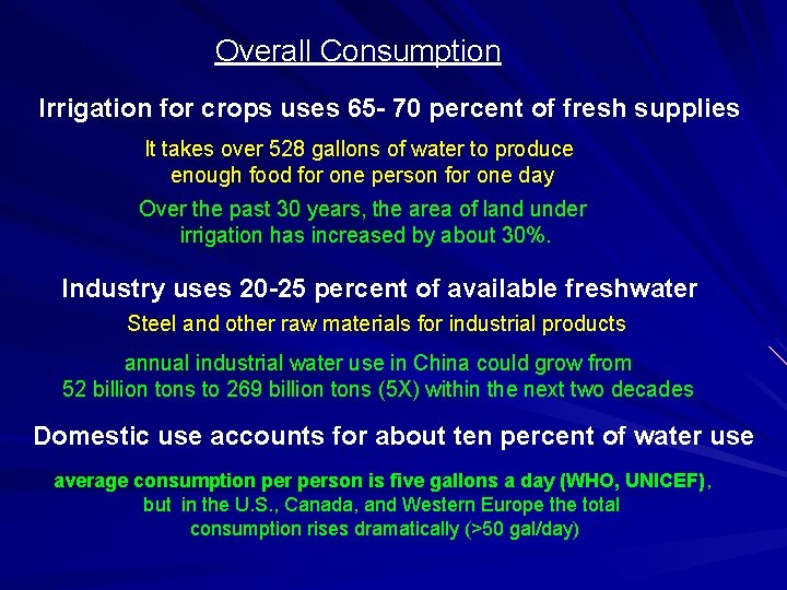 Overall Consumption Irrigation for crops uses 65 - 70 percent of fresh supplies It