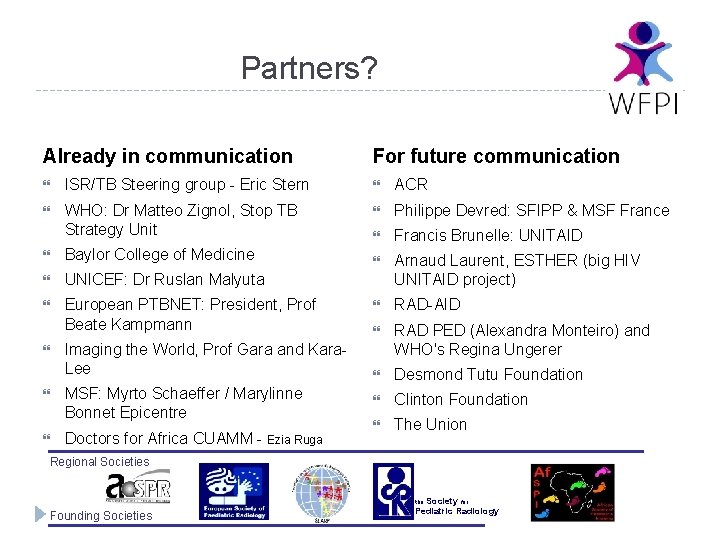  Partners? Already in communication For future communication ISR/TB Steering group - Eric Stern