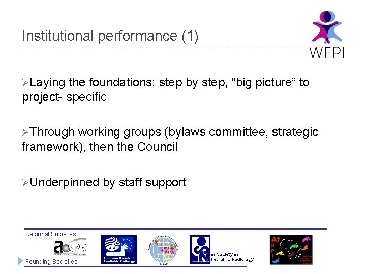 Institutional performance (1) ØLaying the foundations: step by step, “big picture” to project- specific