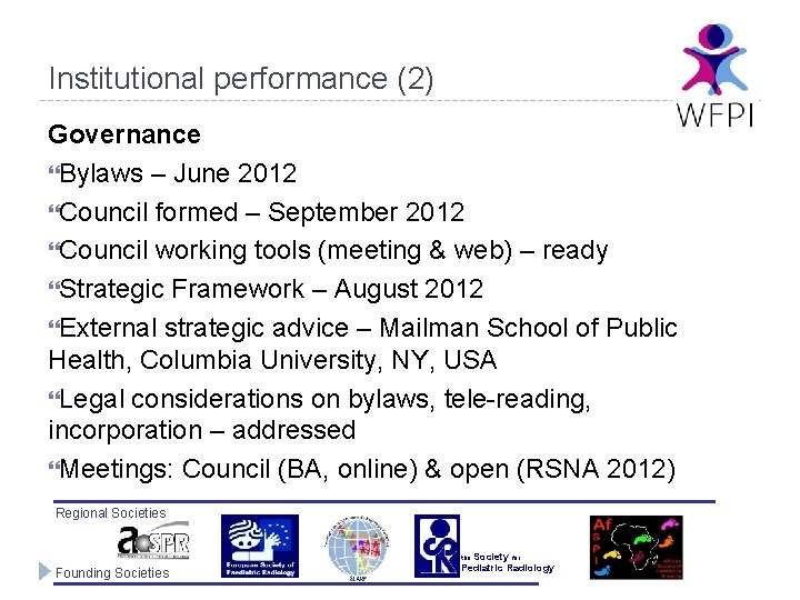 Institutional performance (2) Governance Bylaws – June 2012 Council formed – September 2012 Council