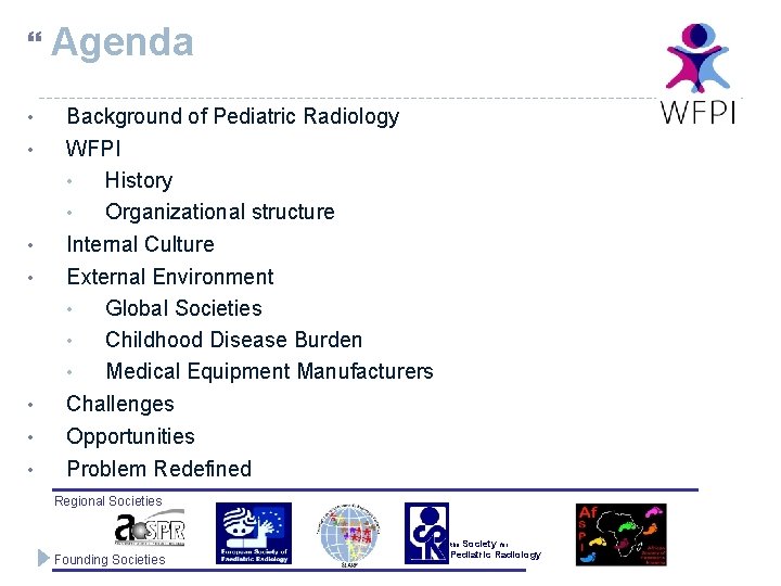  Agenda • • Background of Pediatric Radiology WFPI • History • Organizational structure