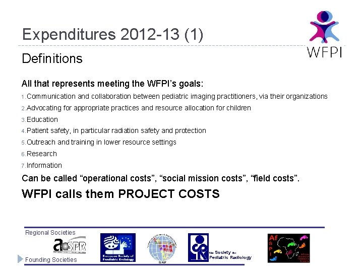Expenditures 2012 -13 (1) Definitions All that represents meeting the WFPI’s goals: 1. Communication