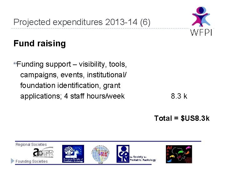 Projected expenditures 2013 -14 (6) Fund raising Funding support – visibility, tools, campaigns, events,