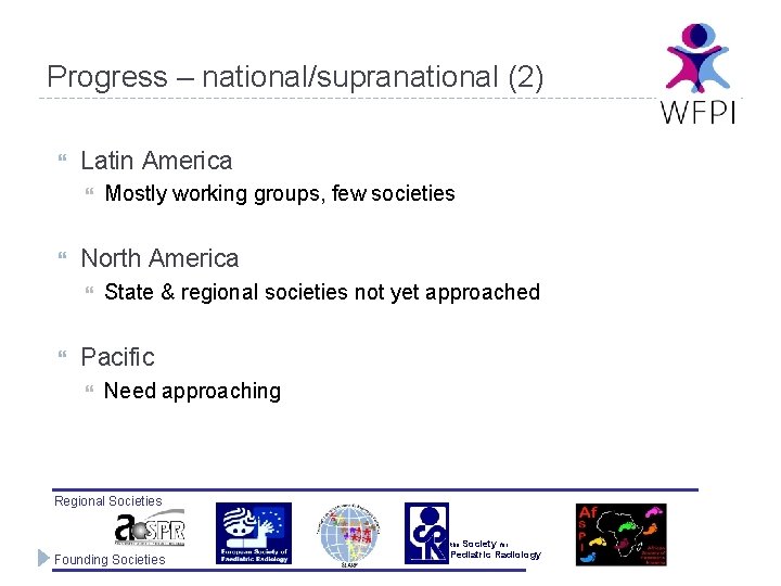 Progress – national/supranational (2) Latin America North America Mostly working groups, few societies State