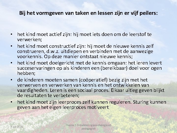 Bij het vormgeven van taken en lessen zijn er vijf peilers: • het kind