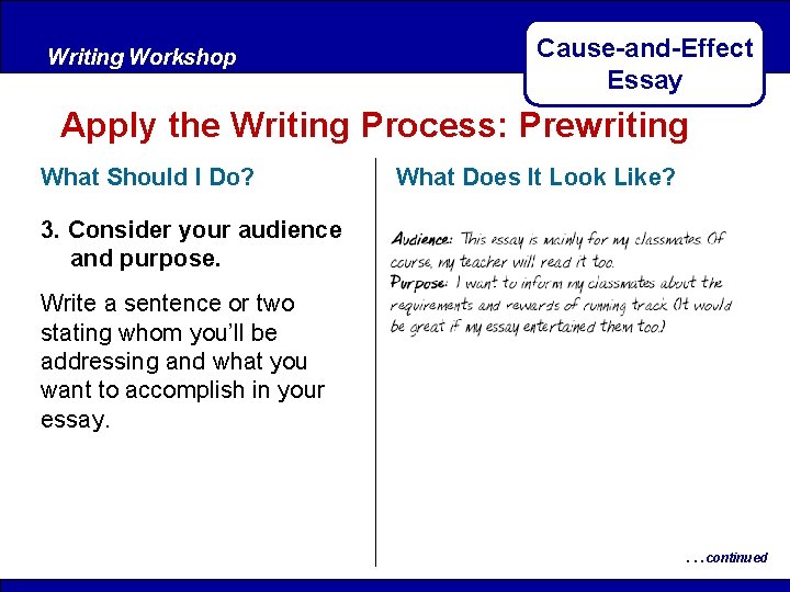 Writing Workshop After Reading Cause-and-Effect Essay Apply the Writing Process: Prewriting What Should I